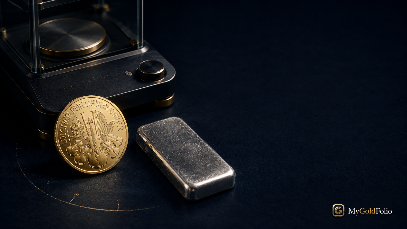 Une pièce d’or et un lingot d’argent près d’une balance de précision, avec deux petits repères de valorisation