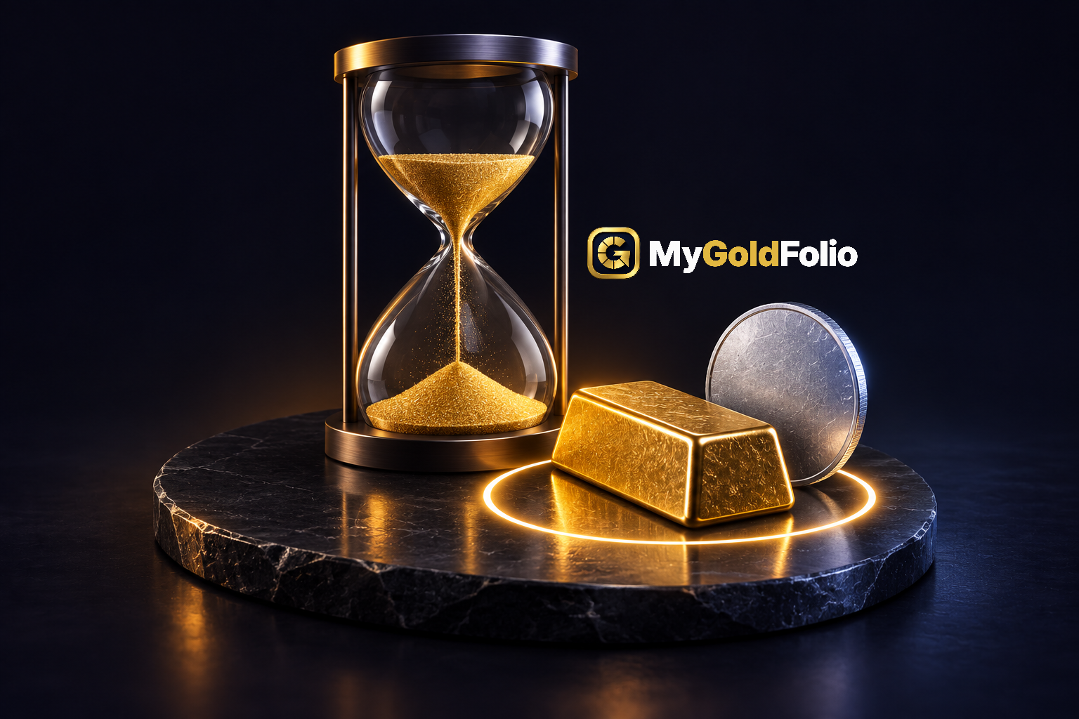 Eine elegante Sanduhr mit fließendem Goldsand neben einem Goldbarren, einer Silbermünze und einem leuchtenden 365-Tage-Haltefrist-Ring